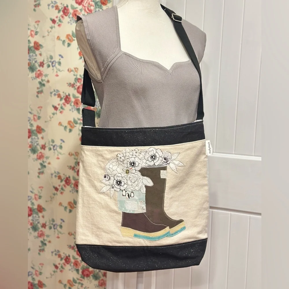 Cute winter flower and boot patchwork design on a canvas tote bag by HollyHock